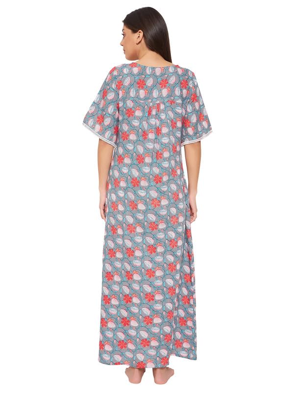 Image of Clovia Women's Rayon Printed Long Night Dress in Grey Colour