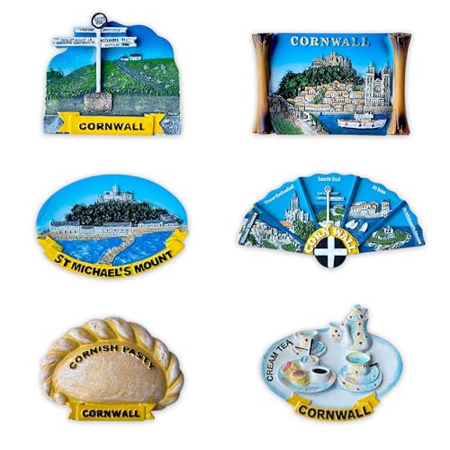 LILAJ Cornwall 3D Fridge Magnets – Set of 6 Resin Souvenirs, Hand-Painted UK Travel Home Decor Gift – Strong Decorative Magnets, Cornish Pasty, Land’s End, St Michael’s Mount, Cream Tea, Tourist Gifts