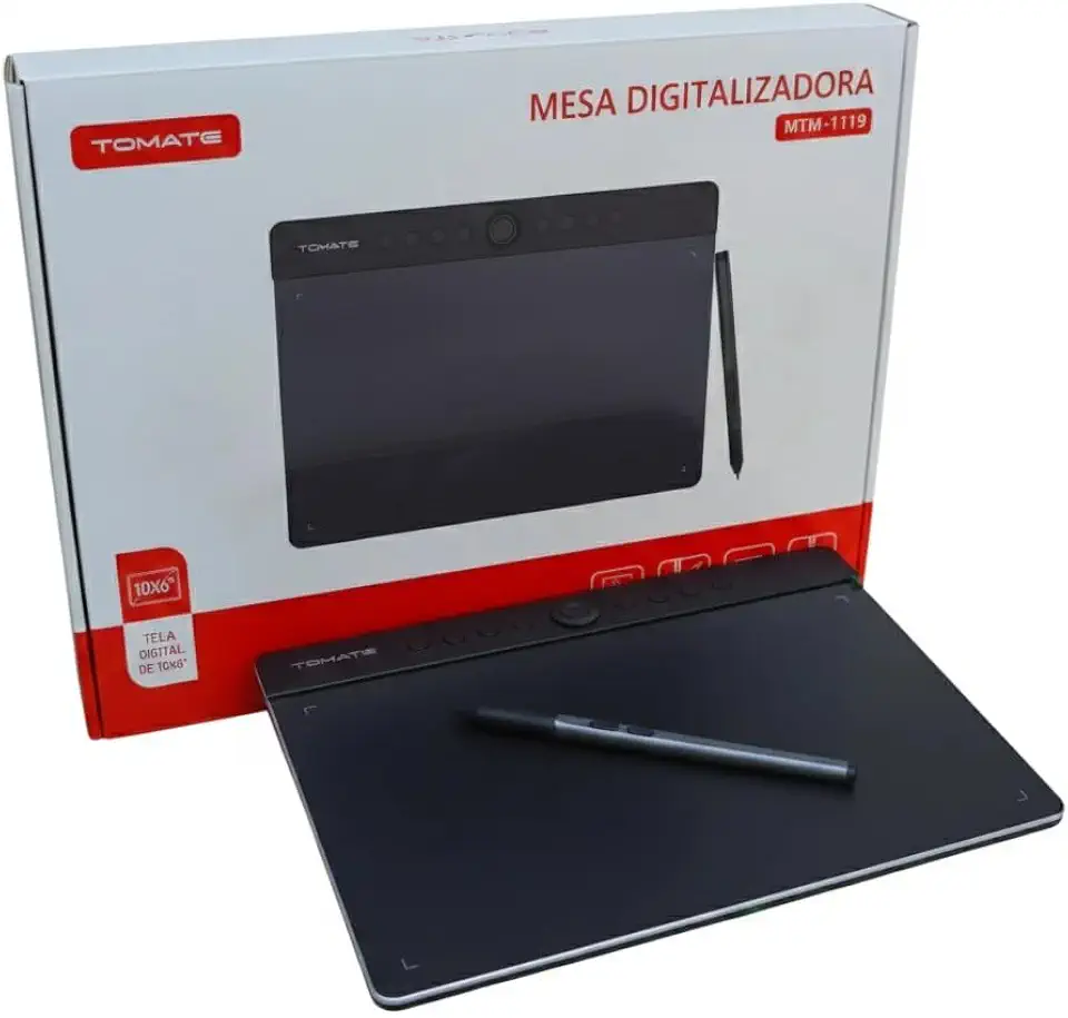 Mesa Digitalizadora Tomate 10x6” 16.000 Níveis 5080 LPI USB-C com 8 Teclas e Dial Compatível Windows Mac Android