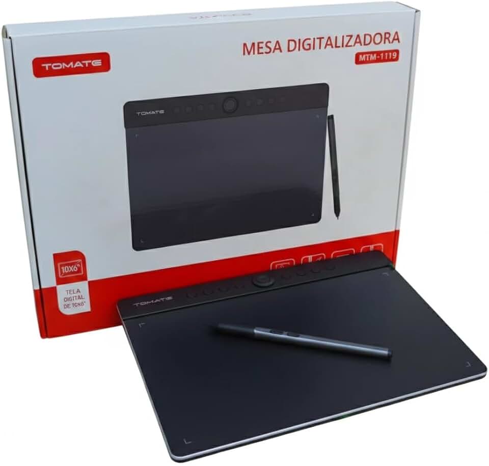 Mesa Digitalizadora Tomate 10x6” 16.000 Níveis 5080 LPI USB-C com 8 Teclas e Dial Compatível Windows Mac Android