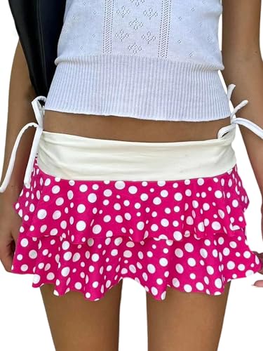 Women Layered Ruffle Hem Mini Skirt Y2K Low Rise Floral Boho Smocked A Line Pleated Summer Beach Skirt