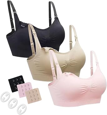 Maternity Nursing Bra 3 Pack Seamless Pregnancy Breastfeeding Sleep Bra Bralette with Removable Spill Prevention Pads and Extenders