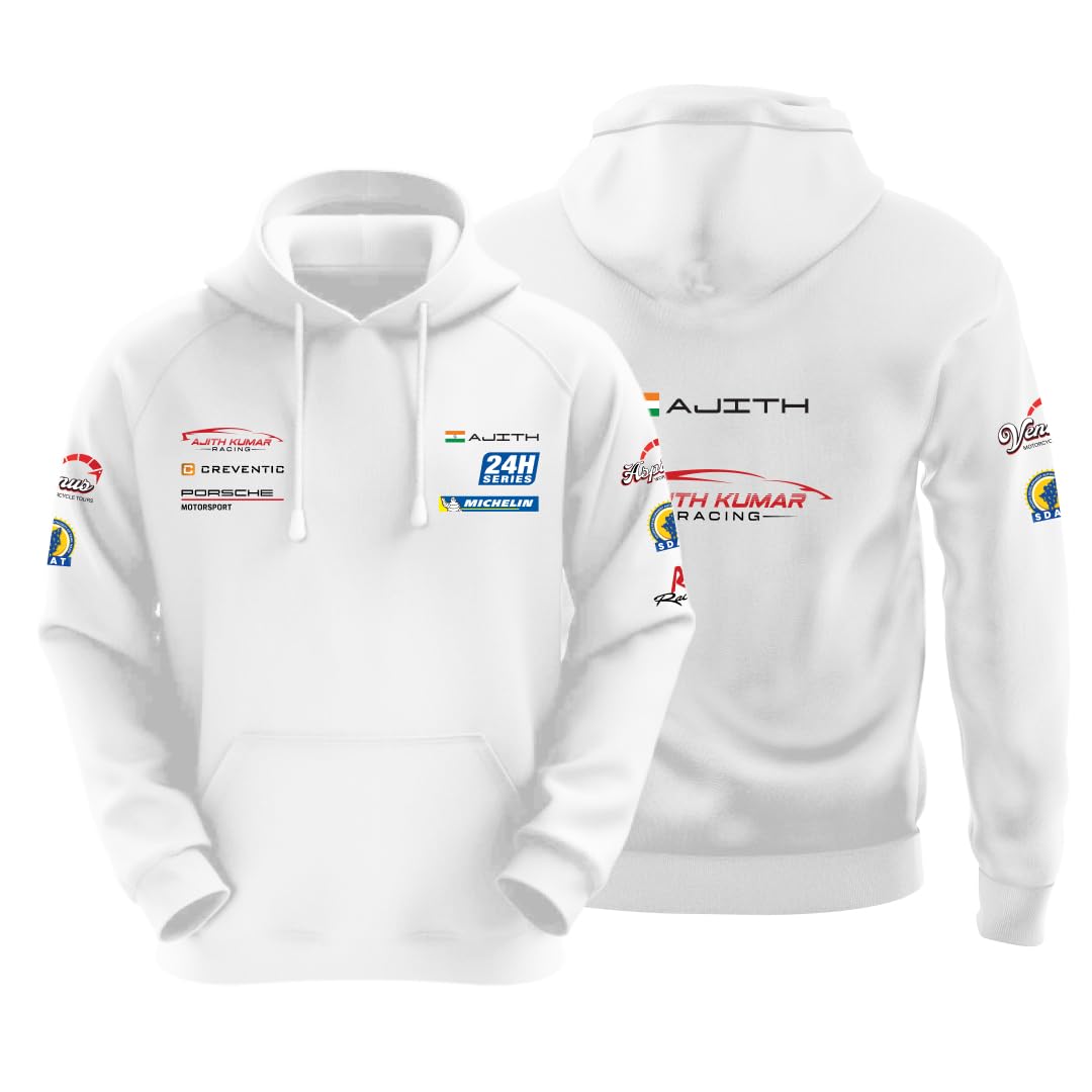 dudeme Ajith Kumar Car Racing Motorsport Hoodie | AK Designs | Car Enthusiast for Men & Women White Hoodie 100% Cotton Car Printed Hoodies.-picture-54