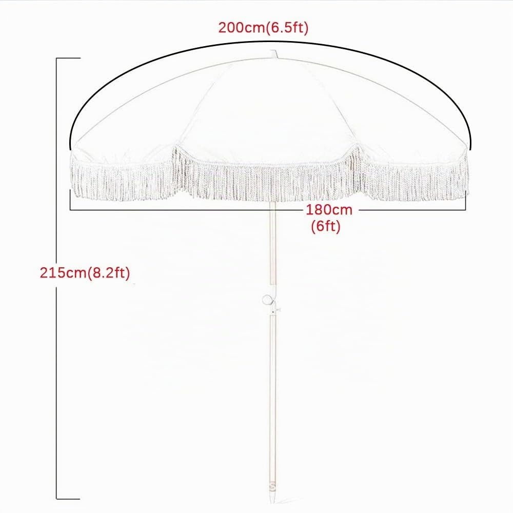 Sombrilla de playa de 6.5 pies con borlas blancas, sombrilla bohemia para patio, piscina al aire libre, jardín, mercado, inclinación de 180°