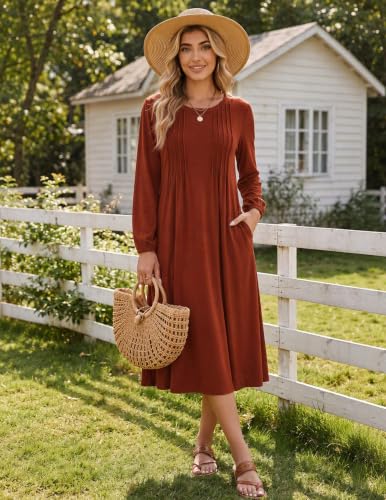 Image of Zeagoo Fall Dresses for Women Long Sleeve Midi Dress Casual A Line Dresses 2026 Pleated Flare Dress with Pockets