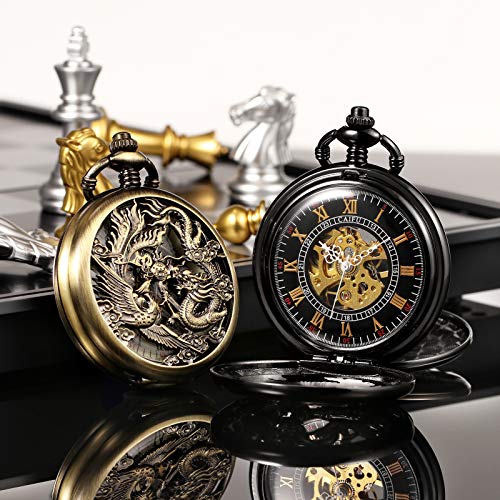 Image of TREEWETO Mens Antique Mechanical Pocket Watch Lucky Dragon & Phoenix Retro Skeleton Dial Double Cover with Chain