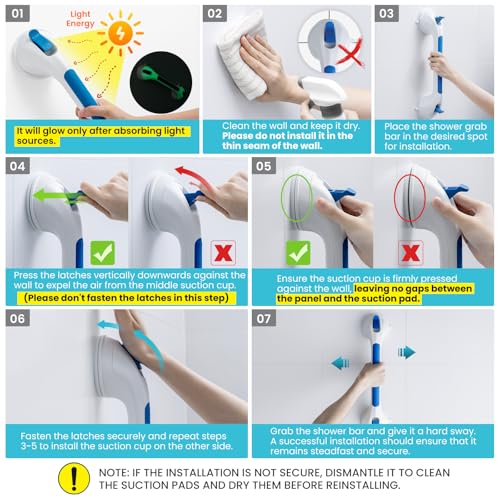 Image of TAILI Shower Grab Bars,Suction Shower Handles,Glow in The Dark,16.8 inch,Blue