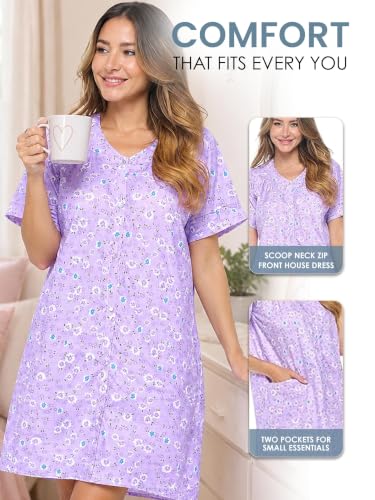 Image of Casual Nights Women's Snap - Front House Dress Short Sleeve Woven Housecoat Duster Lounger Robe with Pockets