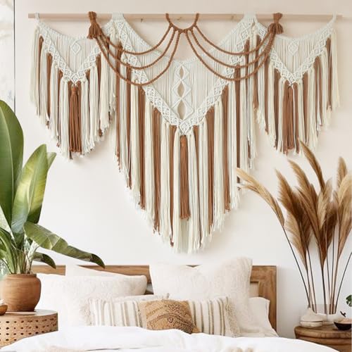 IOWER Boho Woven Wall Hanging Handwoven Brown and White Geometric Tapestry Handmade Macrame Decor for Modern Bedroom Living Room Apartment Office Home 47' W x 35' L