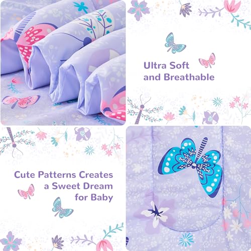 Image of lasoftan Butterfly Toddler Bedding Set for Girls, 4 Piece Bed-in-a-Bag Toddler Comforter Sets, Super Soft Comforter Sheet Set and Comfortable Microfiber Toddler Bed Set