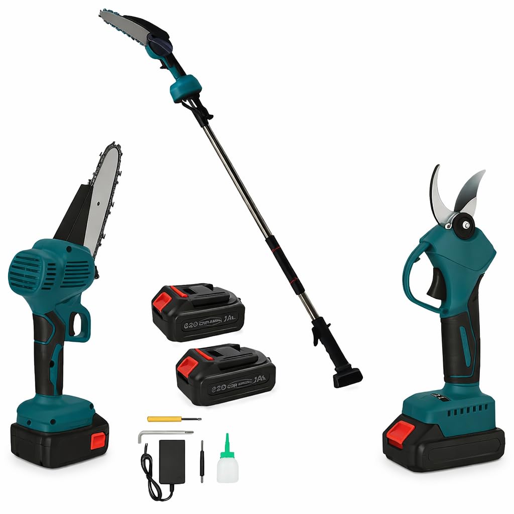 Kit Potatura Elettrico 3 in 1 con Asta Telescopica 120-250cm, Forbici, Motosega 6" a Batteria, 2 Batterie 48V, Attrezzi Giardinaggio, Cesoia, Troncarami, per Rami, Alberi, Giardino, Vigneti, Orti