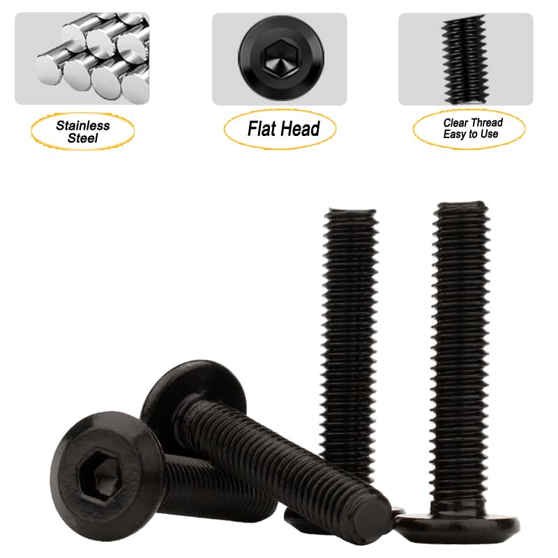 Image of Metuja M6-1.0 x 18mm,20-Pack Black Flat Head Hex Socket Cap Screw Bolts,304 Stainless Steel,Fully Threaded M6 Bolts,Metric Fasteners for Furniture