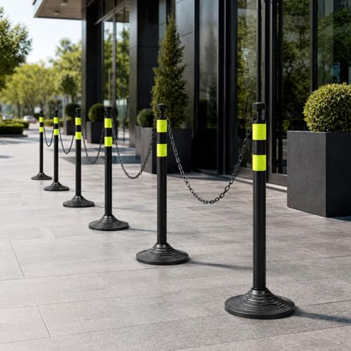 Image of 6 Pack Traffic Delineator Post Cones with Chain Stanchion, Black Crowd Control Safety Barrier Posts with Heavy Duty Base for Parking Lots, Warehouses and Construction Safety (Black)