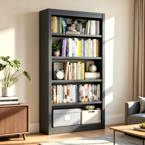Image of Metal Bookshelf, 69 inch Tall Heavy Duty Adjustable Bookcase, Black | 5-Tier Industrial Shelves, Large Open Display Shelf, Easy Assembly, For Living Room, Home Office, Study