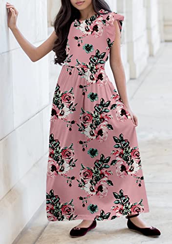 Hosika Girls Bohemian Long Dress Floral Ruffle Loose Casual Swing Holiday Dresses With Pockets Pink 12 Years Xl #TOP3