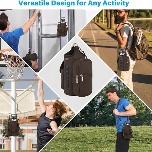 Image of icolor Magnetic Gym Bag Water Bottle Carrier Holder with Phone Pockets & Shoulder Strap,Gym Magnetic Bag 5 Built-in Magnets Gym Accessories Organizer Sling Bottle Bag Pouch Sleeve (Neoprene, Brown)