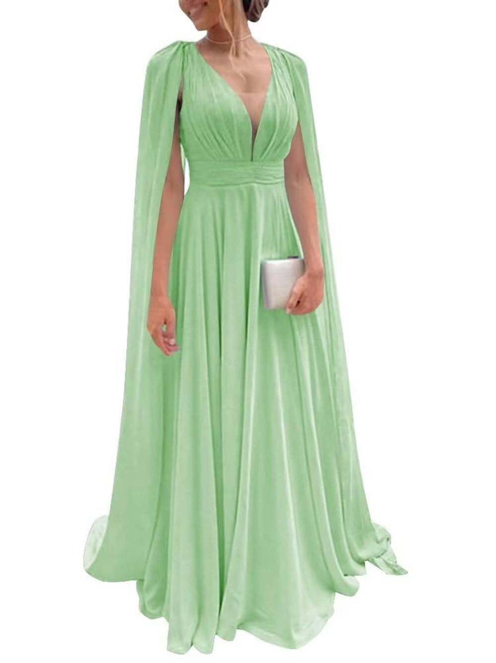 Chiffon Bridesmaid Dress for Women Cape Sleeve V-Neck Formal Evening Gowns with Pocket LBC020