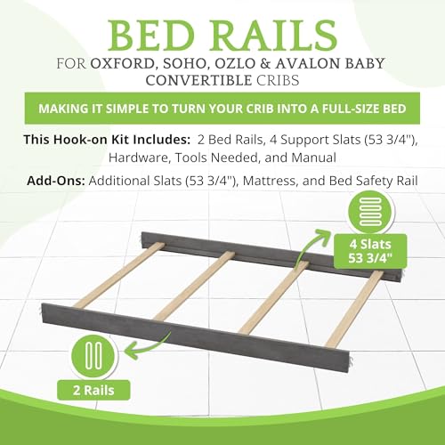 Image of Full-Size Conversion Kit Bed Rails for Oxford, Soho, Ozlo & Avalon Baby Convertible Cribs - Solid Wood - Toddler & Adult Rail for Full-Size Bed - Nursery Furniture (Multi-Tone Grey, Hook-On Kit)