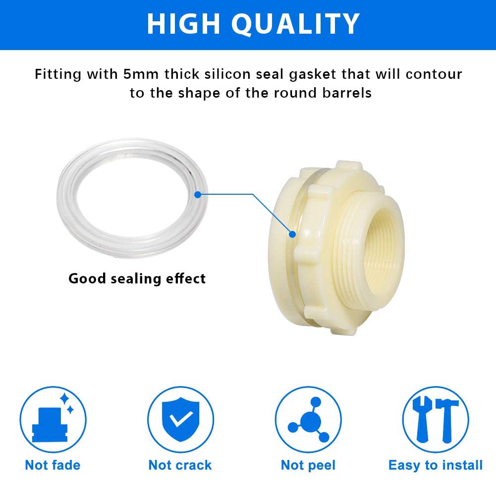 Quickun Adaptador de conector de tanque de agua de ABS de 1.5 pulgadas con tapones a través de accesorios de tubería a granel (juego de 2)