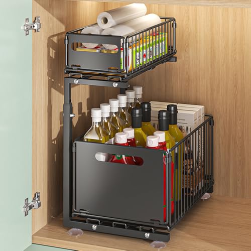 Rangement Sous Evier Cuisine, Range Epices Cuisine Tiroir avec Hauteur Réglable 41-49 cm, 2 étages, Extensible, étagère de Cuisine, Plan de Travail en...
