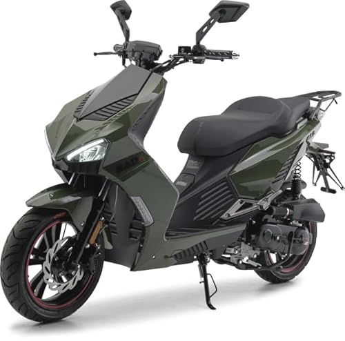 Burnout | BADs 50 ccm Motorroller – 25 km/h Mofa-Version – Dunkelgrün – EFI Einspritzung, LED, Keyless Go, Euro 5, Scheibenbremsen v/h – Sportlicher City Motorroller