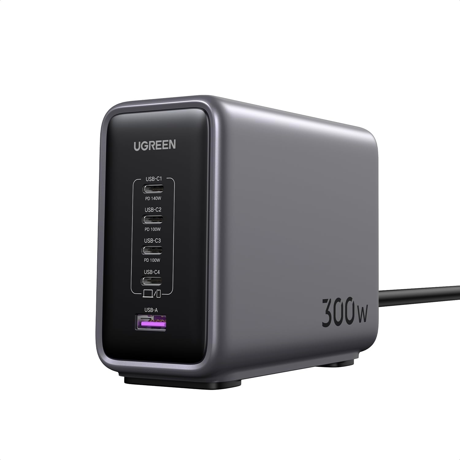 Nexode 300W Charger [Improved Version] PD3.1 Compatible 5-Port Simultaneous Rapid Charging 4 USB-C & 1 USB-A Vertical Space-Saving Double GaNFast III (Gallium Nitride) Single Port 140W Always
