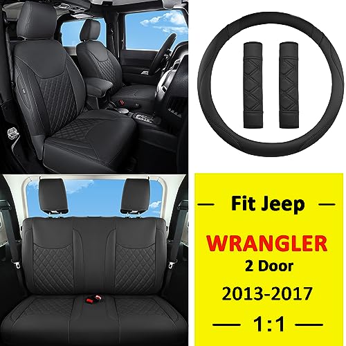 Image of GIANT PANDA Jeep Wrangler 2 Door JK 2013-2017 Full Set Car Seat Covers for Sport Sahara Rubicon Freedom Willys Wheeler, Customized Faux Leather - (Black)