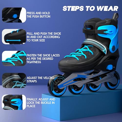 Image of Konex 4 Wheel Inline Skates for Boys,Girls & Youth | Adjustable PU Roller Skating Shoes with Corrosion Resistant Frame | Triple Safety with Buckle, Velcro Strap & Lace Up - Blue
