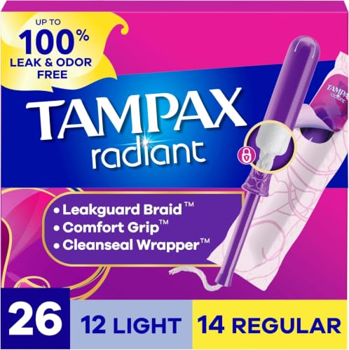 Image of Tampax Radiant Tampons Multipack, with LeakGuard Braid, Light /Regular Absorbency, Unscented, 26 Count, Packaging May Vary (Pack of 6)
