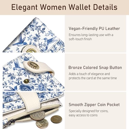Image of Kelvoris Bird Small Rfid Women Wallet Bifold Zipper Coin Pocket | PU Leather Compact Cash Credit Card Holder Travel Purse for Female Ladies Teen Girls 1 ID Window 10 Card Slots
