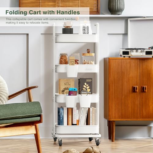 Image of DTK 4 Tier Foldable Rolling Cart, Metal Utility Cart with Lockable Wheels, Folding Storage Trolley for Living Room, Kitchen, Bathroom, Bedroom and Office, White