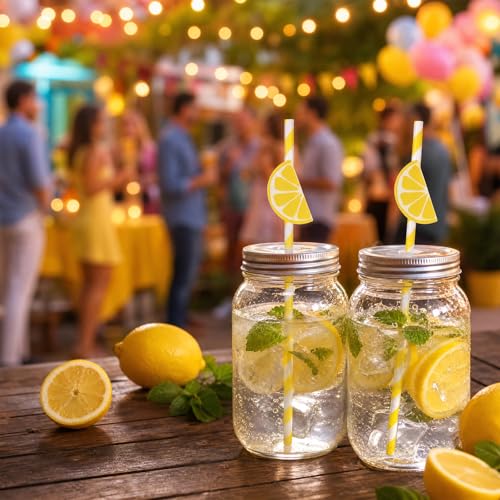 60 pitillos de papel con diseño limón y rayas amarillas miniatura 4
