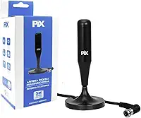 Antena Digital Interna e Externa Amplifica HDTV Cabo 5 Metros – Sinal Full HD, UHF/VHF/FM, Base C/Imã – Prova d'água - Ideal para Conversores Digital - Plug 90 Graus.