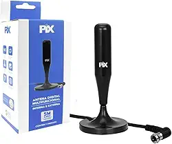 Antena Digital Interna e Externa Amplifica HDTV Cabo 5 Metros – Sinal Full HD, UHF/VHF/FM, Base C/Imã – Prova d'água - Ideal para Conversores Digital - Plug 90 Graus.