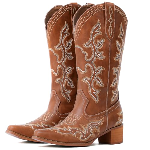 IUV Cowboy Boots For Women Western Boots Cowgirl Classic Fashion Embroidered Pointy Toe Boots