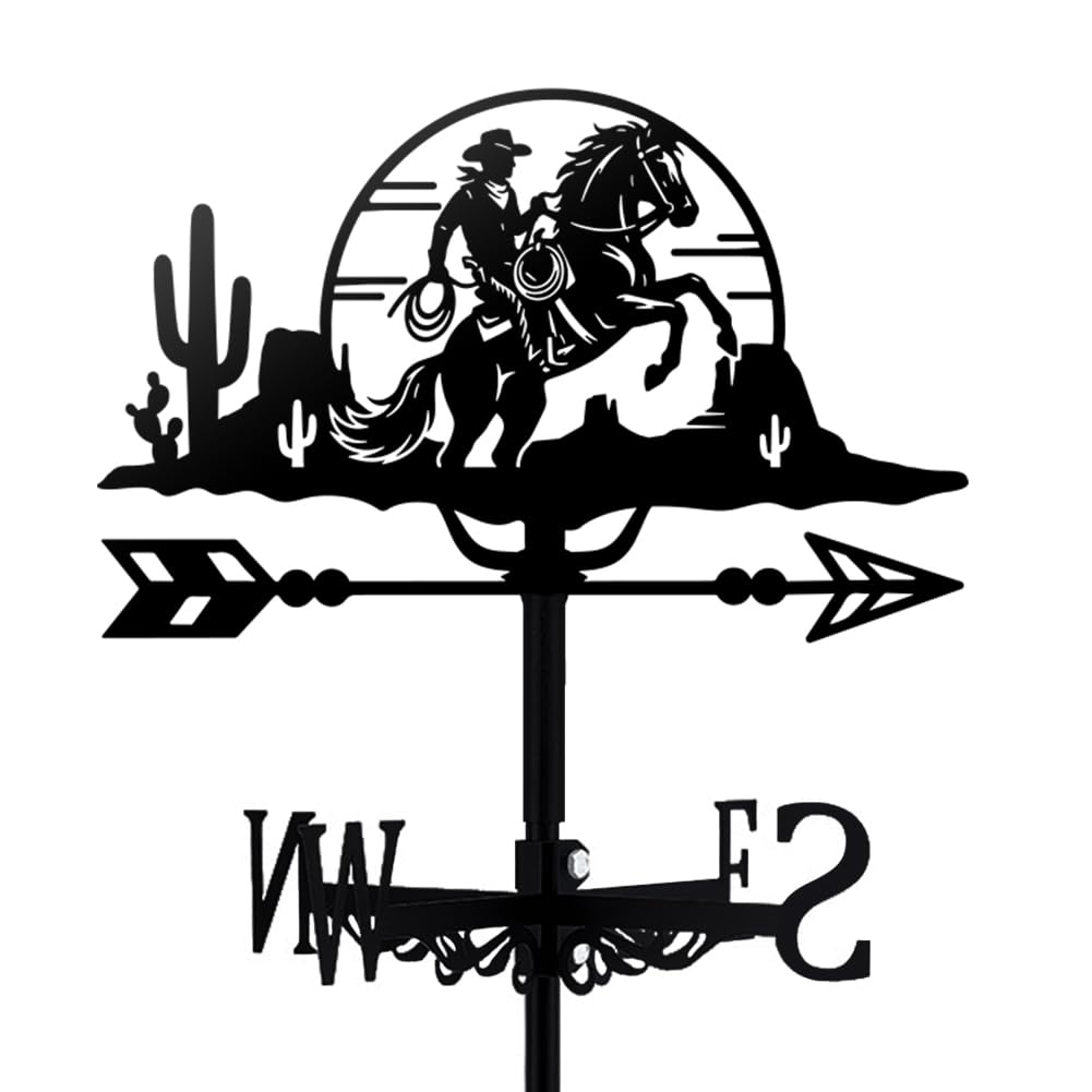 TNKBREEZE Horse Weather Vane Black Metal Wind Vanes Iron Animal Wind Direction Indicator for Garden Farmhouse Chicken Coop Shed Outdoor Wind Measuring Tool Weathervanes (Western Desert Cowgirl)