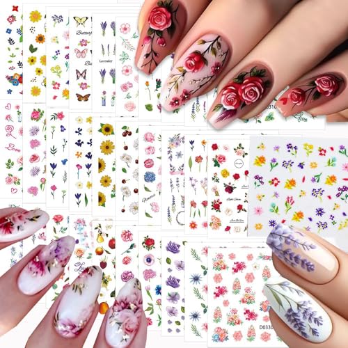 30 Sheets Flower Nail Stickers for Nail Art, 3D Self-Adhesive