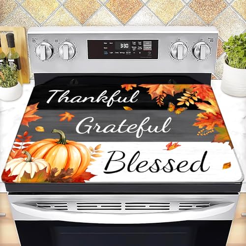 Image of Stove Top Cover for Electric Stove 28 inchx 20 inch,Fall Pumpkins Maple Leaves Heat Resistant Glass Top Stove Cover Protector, Glass Cooktop Covers, Kitchen Flat Electric Stove Top Covers