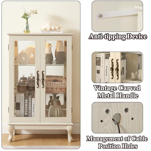 Image of 43 inch H Lighted Curio Cabinet Display Case, Glass Curio Cabinet with Adjustable Shelves & Tempered Glass Door, Wooden Cabinets with Mirrored Back Pane for Living Room (Antique White)