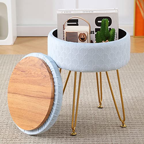 Image of CPINTLTR Footrest Footstools Round Velvet Ottoman with Storage Space Soft Vanity Chair with Memory Foam Seat Small Side Table Hallway Step Stool 4 Gold Metal Legs with Adjustable Footings Light Blue -