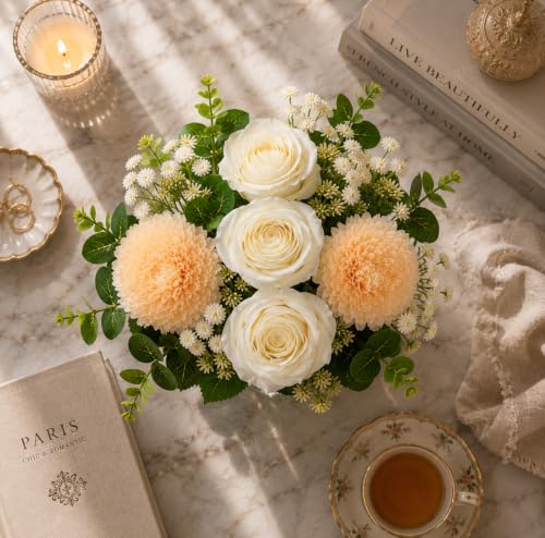 Image of Divyakosh Artificial Flowers for Home Decoration, Flora for Decor| Artificial Flowers for Vase (VASE NOT Included) Home Decor Items, Artificial Peach Dahlia & Rose Flowers Bunch for Vase
