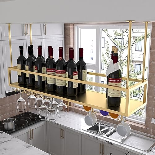 Étagère de présentation de bouteilles d'alcool réglable avec support de verre suspendu plafond