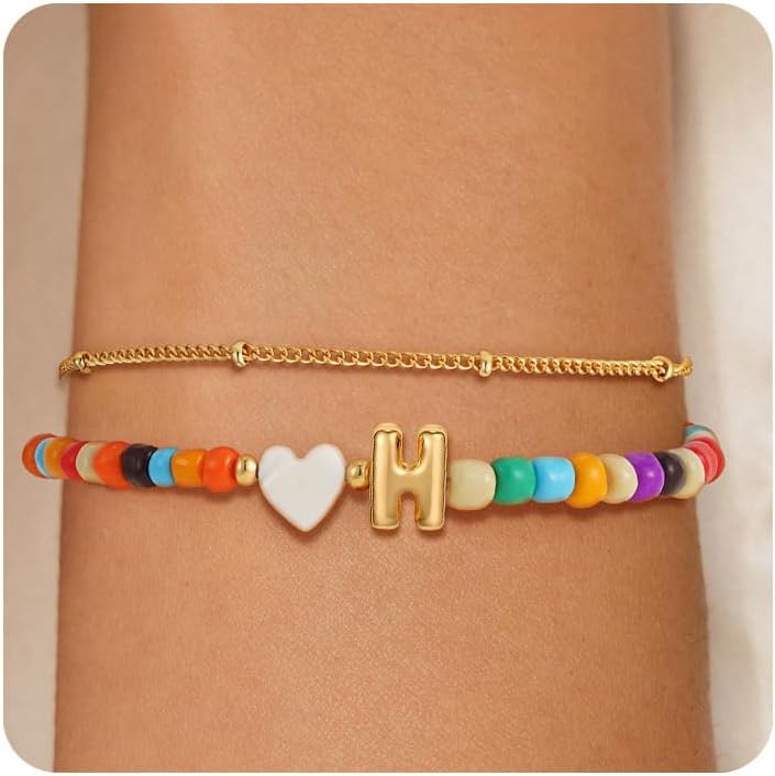 Eaciy Colorful Initial Bracelets for Women Girls - 14K Gold Plated Heart Initial Letter Daint A-Z Charm Bracelet Summer Jewelry Teen Girl Gifts for Teen Kids