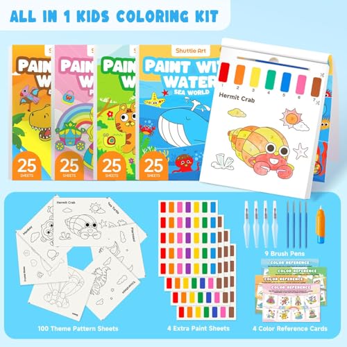 Image of Shuttle Art Paint with Water Coloring Book for Kids, Pack of 4, 100 Sheets Watercolor Paint Set for Kids Ages 3-5, 4-8, Mess Free Travel Art Supplies, Birthday Christmas Craft Gift