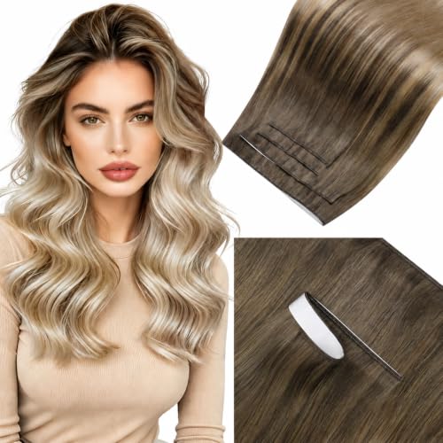 Image of LaaVoo Tape Weft Hair Extensions Balayage Blonde Tape in Extensions Real Human Hair Seamless Weft Tape in Hair Extensions Light Brown to Ash Blonde Mix Platinum Blonde 16inch 90g 4pcs