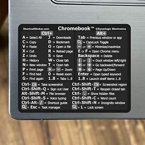 SYNERLOGIC Chrome OS Reference Keyboard Shortcut Sticker - Black Vinyl - Size 3"x2.4" for Any Chromebook Laptop Compatible Brands Google Pixelbook HP Asus Acer Lenovo Samsung Dell and More