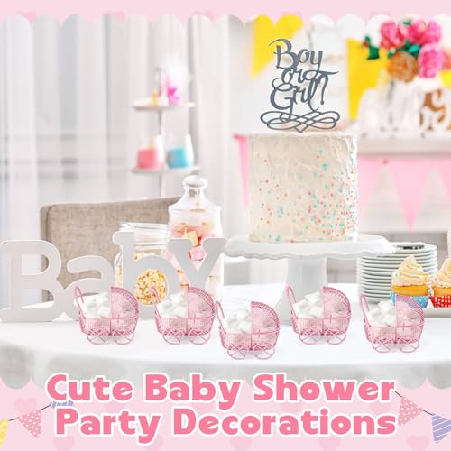 Image of Threehoney 48 Pcs Baby Shower Mini Carriage Decoration White Metal Wired Fillable Candy Stroller Baby Shower Table Centerpiece for Guest Gender Reveal Wedding Party Favor Gift