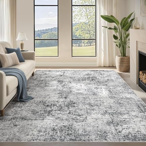 6x9 Washable Area Rug: Large Modern Abstract Rugs Soft Neutral Non Slip Ultra Thin Stain Resistant Indoor Carpet for Living Room Bedroom Dining Room Home Office(Grey)