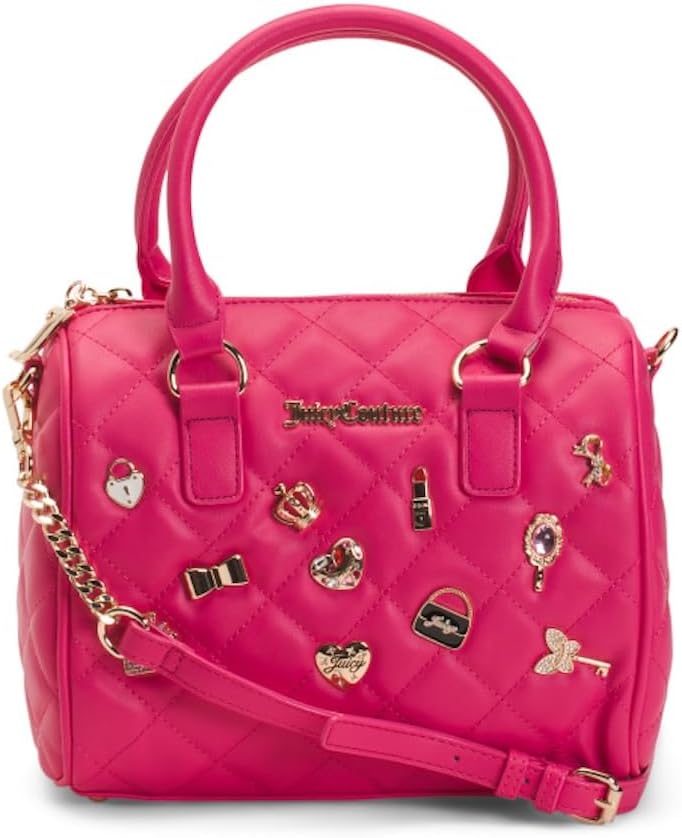 Juicy Couture Girl Only Quilted Satchel Handbag with Charm Detail, Convertible Crossbody, 10.25in W x 8in H