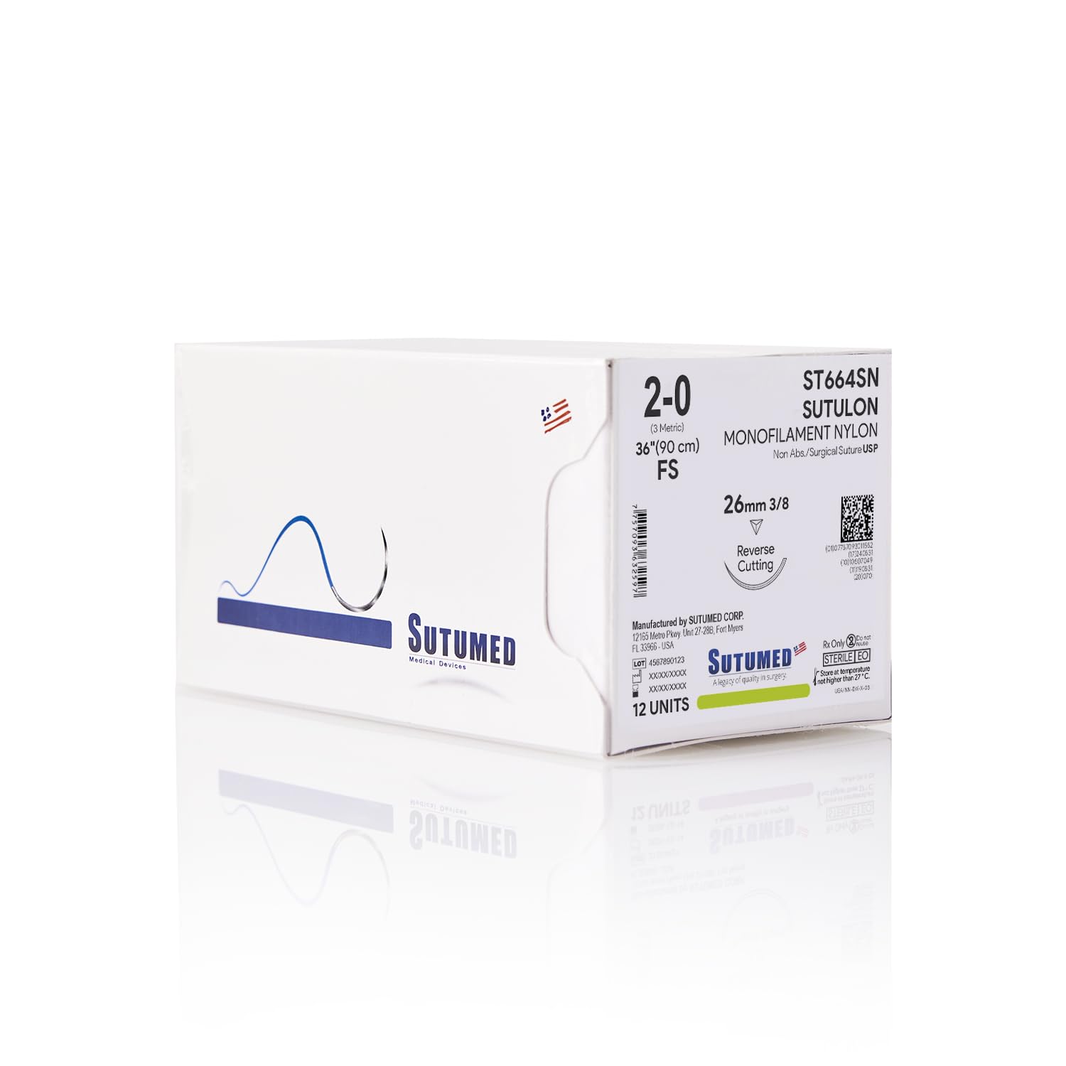 Sutumed SUTULON Non-Absorbable Nylon Surgical Suture USP Size 2-0, 3/8 26mm Reverse Cutting Needle, 30 Inches (76 cm), 12 Count